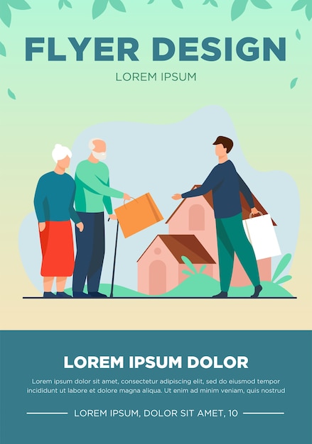 Vettore gratuito coppia senior lo scambio di pacchetti con il giovane. casa, nonno, nonna piatta illustrazione vettoriale. comunicazione e concetto di pensionamento
