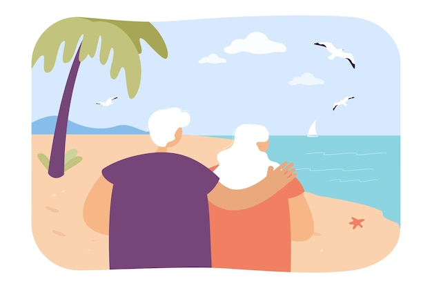 Пожилая пара отдыхает на пляже с плоской векторной иллюстрацией. Вид сзади на жену и мужа, которые обнимаются, любуясь морским пейзажем в отпуске. Любовь, концепция путешествия для баннера, дизайна веб-сайта или целевой веб-страницы
