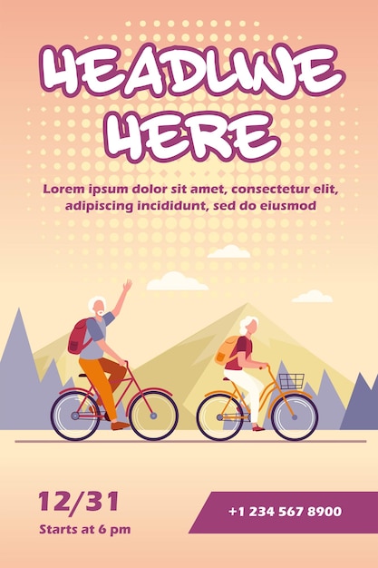 Free vector senior couple riding bikes outdoors flyer template