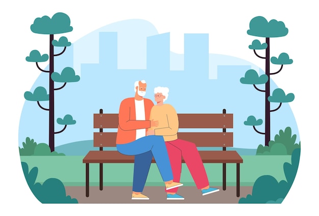 公園のフラットベクトルイラストのベンチに座っている年配のカップル。幸せな老人と女性が抱き合って、優しさでお互いを見て、一緒に夏の日を過ごします。愛、家族の概念
