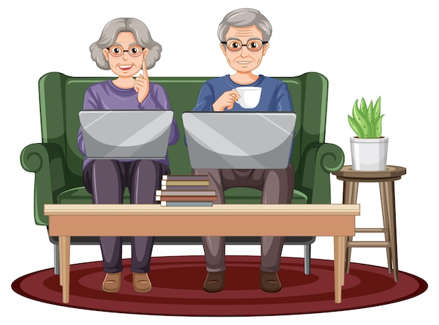 Free vector senior couple using laptop at home