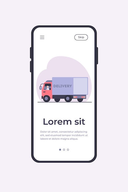 Autista senior seduto in camion. camion, strada, illustrazione vettoriale piatto di trasporto. servizio di consegna e modello di app mobile di concetto di spedizione