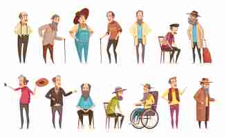 Free vector senior man old disable citizens with walking cane retro cartoon set