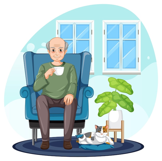 Free vector senior man sitting on sofa at home