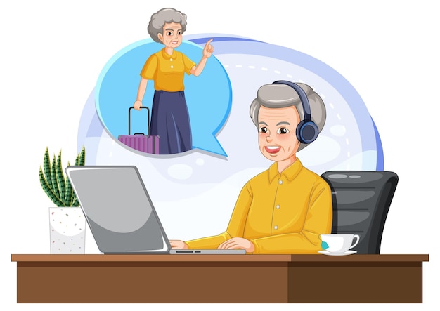 Free vector senior man using laptop on desk