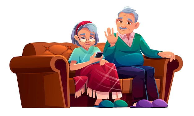 Senior man and woman talking by mobile phone sit on couch in nursing home. old lady wrapped in plaid and aged grey haired pensioner relax on sofa use smartphone for chat, cartoon illustration