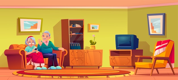 Senior man and woman talking by mobile phone sit on couch in nursing home room interior. Old lady wrapped in plaid and grey haired pensioner relax on sofa use smartphone, Cartoon illustration