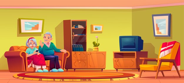 Senior man and woman talking by mobile phone sit on couch in nursing home room interior. Old lady wrapped in plaid and grey haired pensioner relax on sofa use smartphone, Cartoon illustration