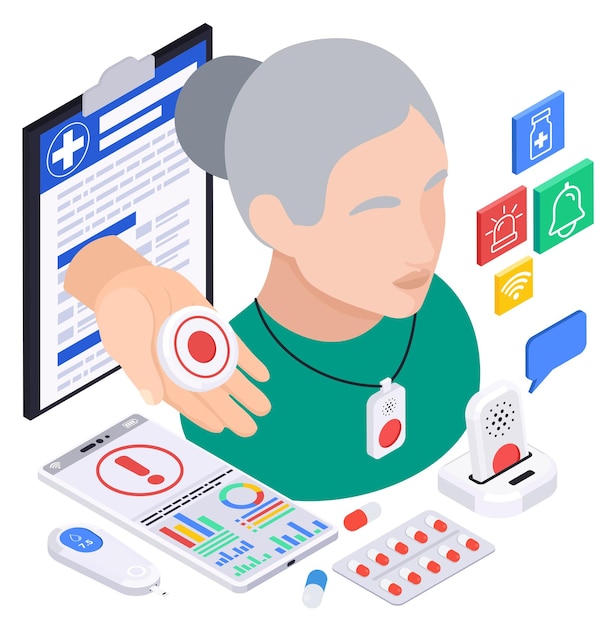 Free vector senior medical emergency alert systems service isometric composition with female character health trackers pills and prescription vector illustration