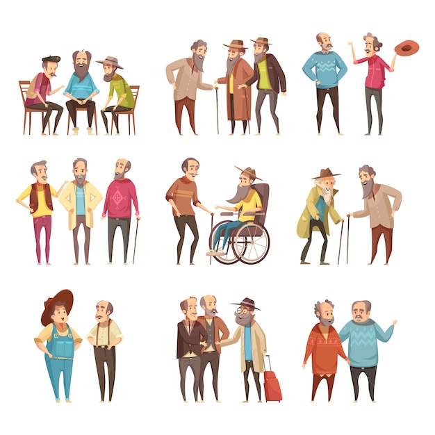 Senior men groups socialization activities retro cartoon icons collection with cane and in wheel chair vector illustration