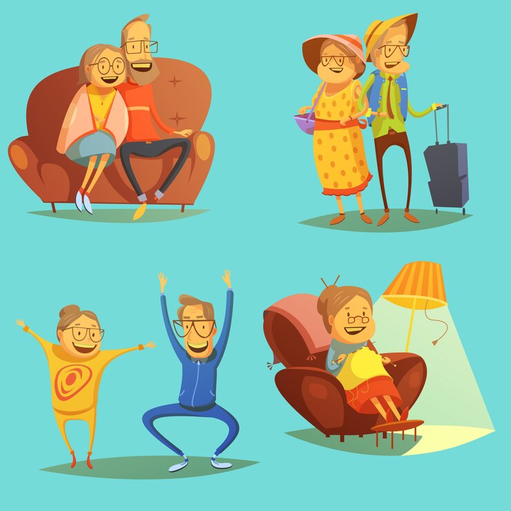 मुफ़्त वेक्टर  senior people icons set with pastimes symbols on blue background