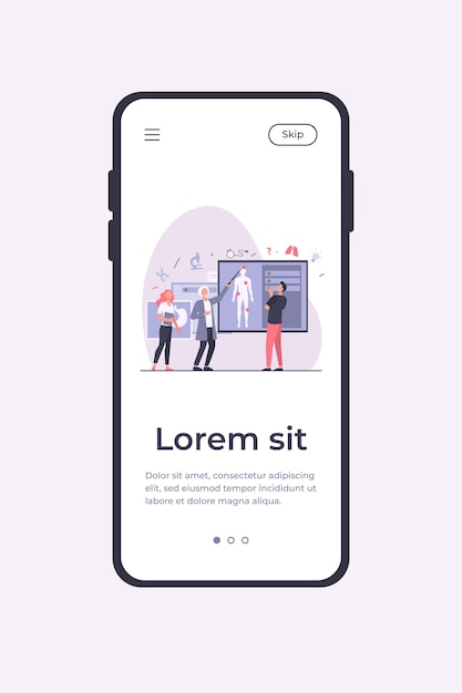 Старший профессор читает лекции группе студентов в классе. седовласый врач, указывая на силуэт тела, объясняя анатомию человека. векторные иллюстрации шаблон мобильного приложения