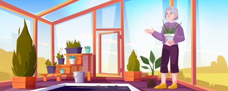 मुफ़्त वेक्टर senior woman in greenhouse care of garden plants