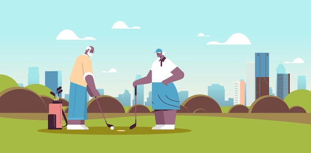 ゴルフをしている年配の女性男性カップルショットを撮る高齢のアフリカ系アメリカ人家族プレーヤーアクティブな老後の概念都市景観背景水平全長ベクトル図