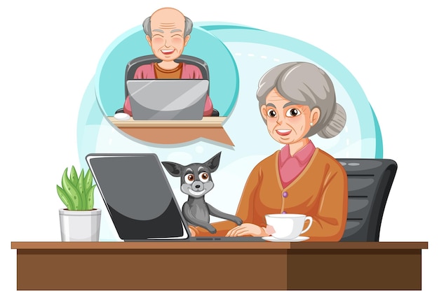 Бесплатное векторное изображение Старшая женщина используя компьтер-книжку дома