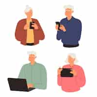 Free vector seniors using technology flat-hand drawn s