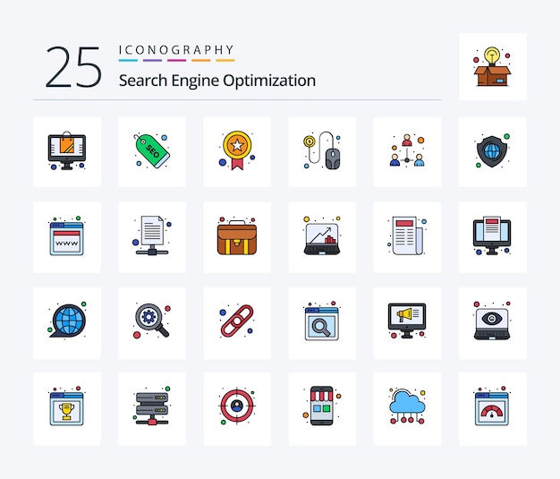 Seo 25 line filled icon pack including protection teamwork quality team per