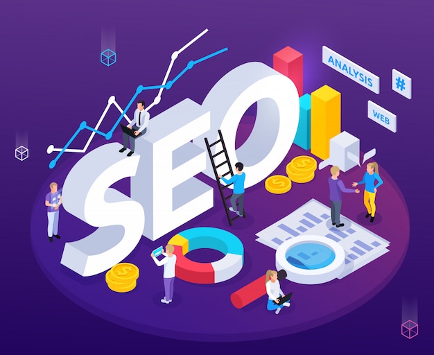 Vettore gratuito composizione isometrica analisi seo con simboli di ottimizzazione web