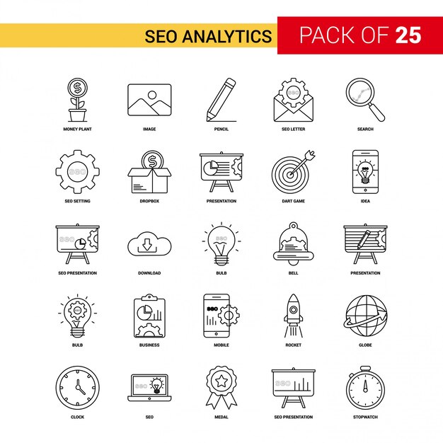 SEO Analytics Black Line Icon - 25 Business Outline Icon Set