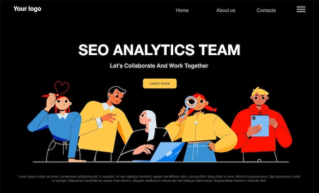 사람들과 함께 일하는 seo 분석 팀 배너는 남성과 여성의 팀워크에 대한 평면 삽화가 있는 검색 엔진 최적화 회사의 방문 페이지의 벡터 야간 모드