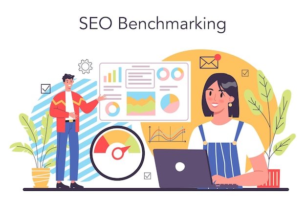 Concetto di benchmarking seo idea di sviluppo e miglioramento del business confronta la qualità con le aziende concorrenti illustrazione vettoriale piatta isolata