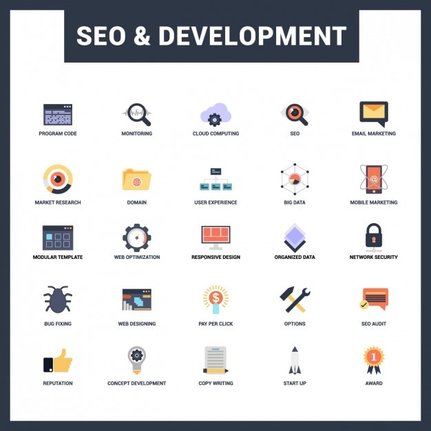 Seo e sviluppo piatto icon collection