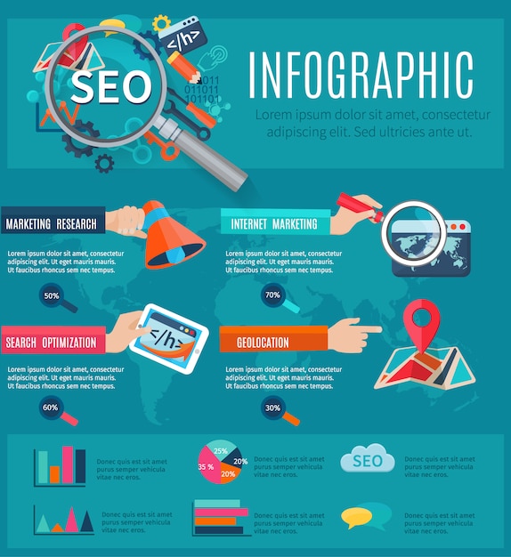 seo infographics set with human hands holding programming symbols objects and charts 