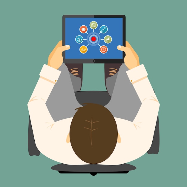 Free vector seo infographics on a tablet computer with a linked chart around a hub visible on the screen of a handheld device in the hands of a man viewed from overhead  vector illustration
