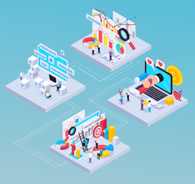 Free vector seo isometric composition with content and analysis symbols