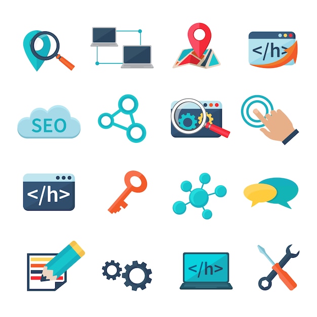 Free vector seo marketing analytics and development flat icons set isolated vector illustration