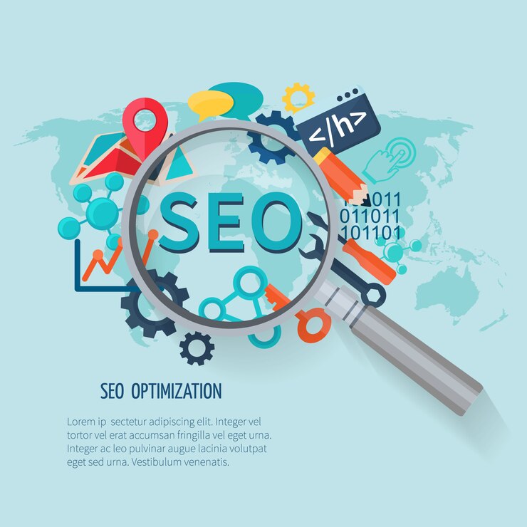 Free Vector seo marketing concept with research symbols world map and magnifier
