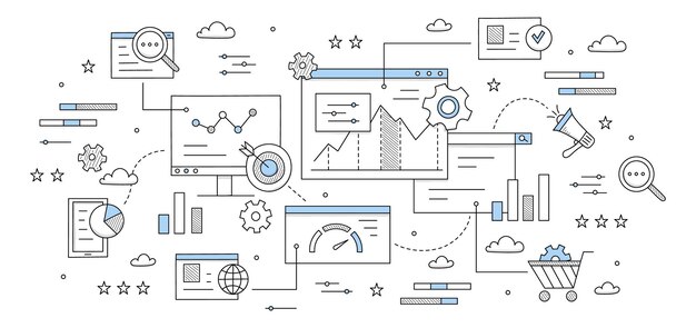 落書きアイコンでSEO最適化抽象的なビジネスの背景。ダイアグラム、拡大鏡、ドキュメント、歯車、矢印付きターゲット、ラウドスピーカー、ギア、PCデスクトップとチャート、線画ベクトルの概念