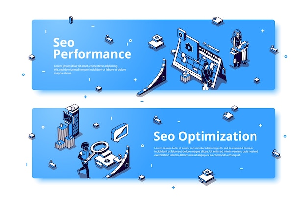 Бесплатное векторное изображение seo производительность и оптимизация изометрического баннера.