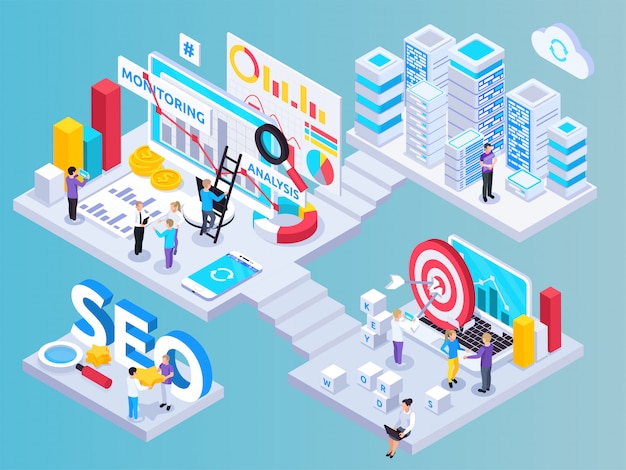 Free vector seo project isometric composition with key words symbols