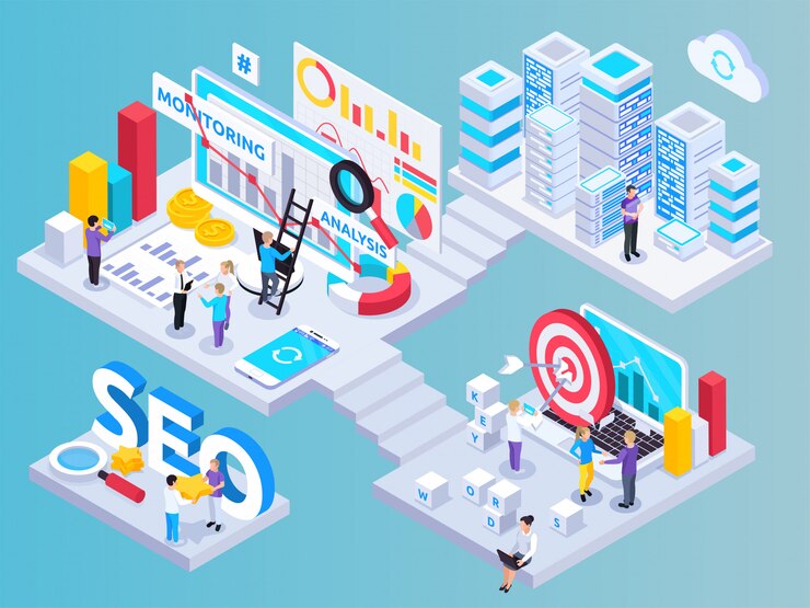 Free Vector seo project isometric composition with key words symbols