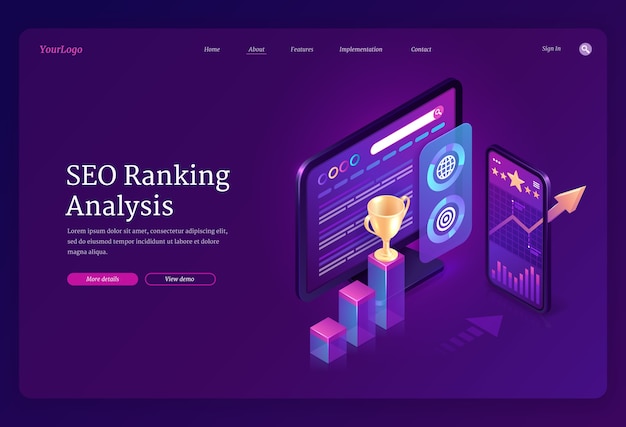 Free vector seo ranking analysis banner. digital analytics of search engine optimization of content. landing page with isometric charts and graphs on computer and mobile screen