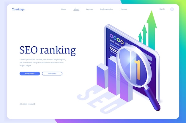 Free vector seo ranking isometric landing page. search engine optimization technology, internet marketing and digital business content. computer device desktop with analysis chart and glass, 3d vector web banner