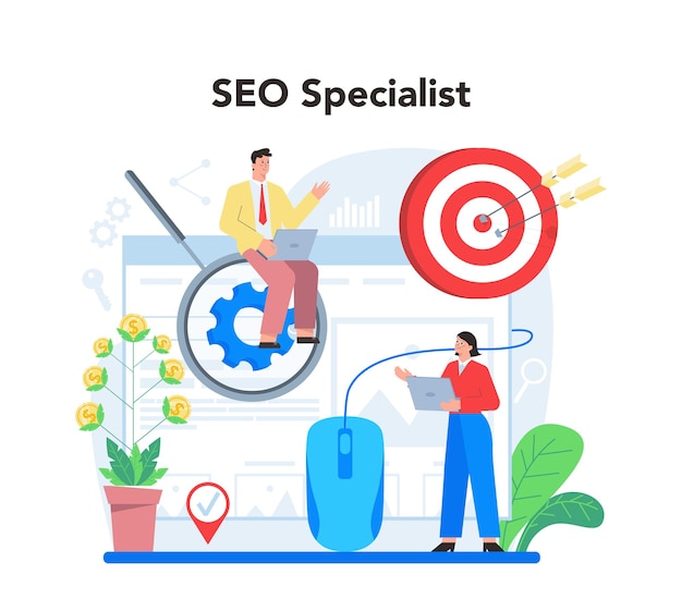 Free vector seo specialist concept idea of search engine optimization for website as marketing strategy web page promotion in the internet development audit vector illustration in cartoon style