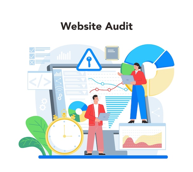 Seo specialist concept idea of search engine optimization for website as marketing strategy web page promotion in the internet development audit vector illustration in cartoon style