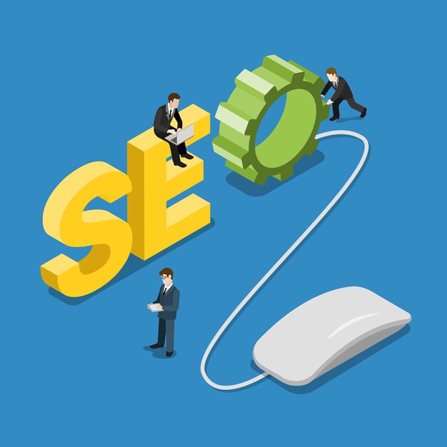 SEO word mouse and content manager people on it flat isometric concept