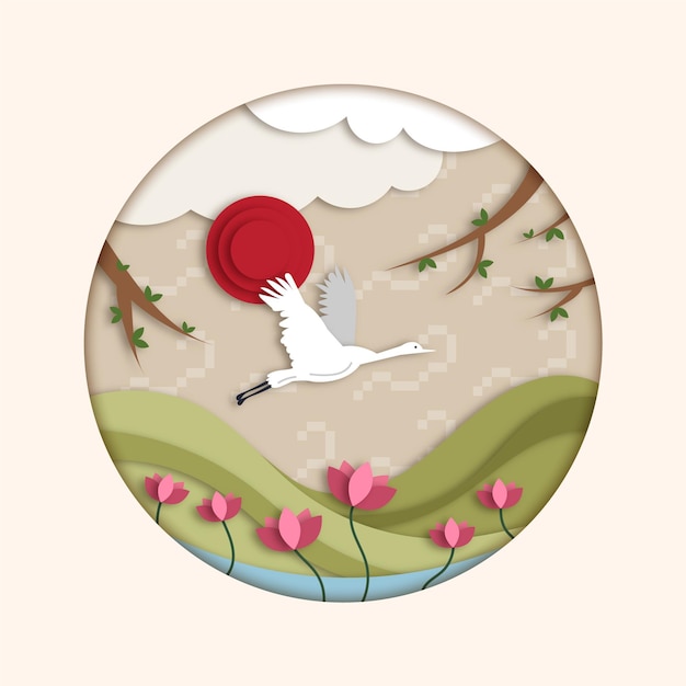 Seollal illustration in paper style with stork and flowers