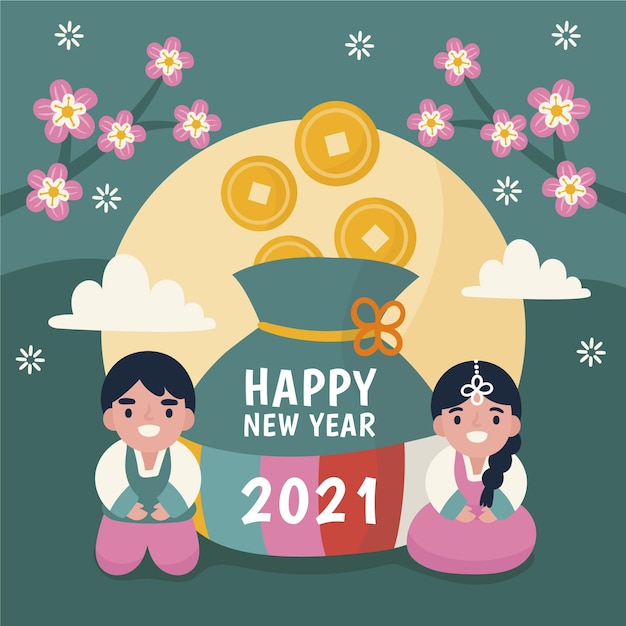 Free vector seollal illustration with couple and coins