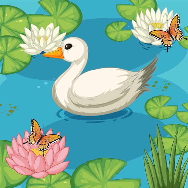 Free vector serene duck and butterflies pond scene