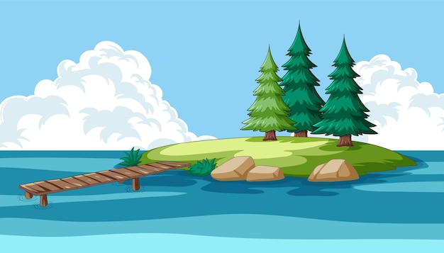 Бесплатное векторное изображение Тихий остров с деревянным мостом