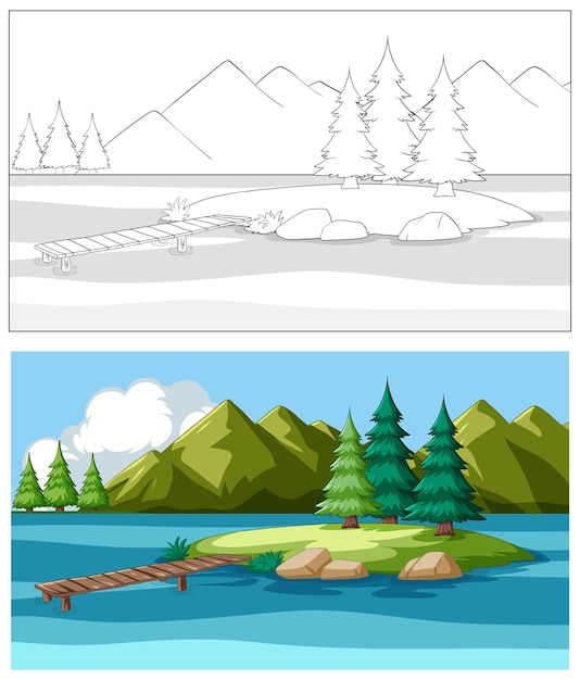 Free vector serene lake with mountain backdrop