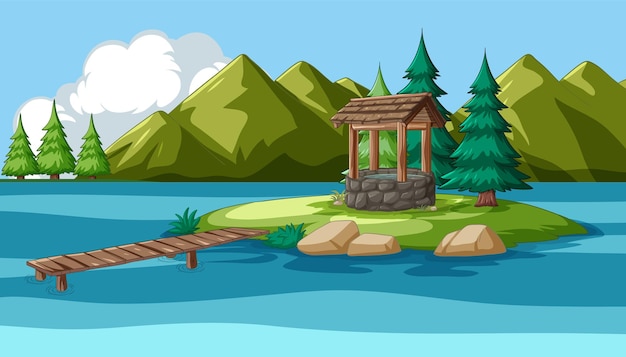 Free vector serene lakeside wishing well scene