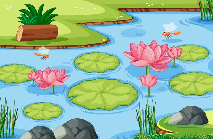 Free Vector serene pond with blooming lotus flowers