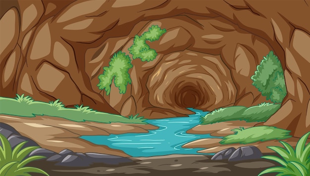 Free vector serene river flowing through rocky cave