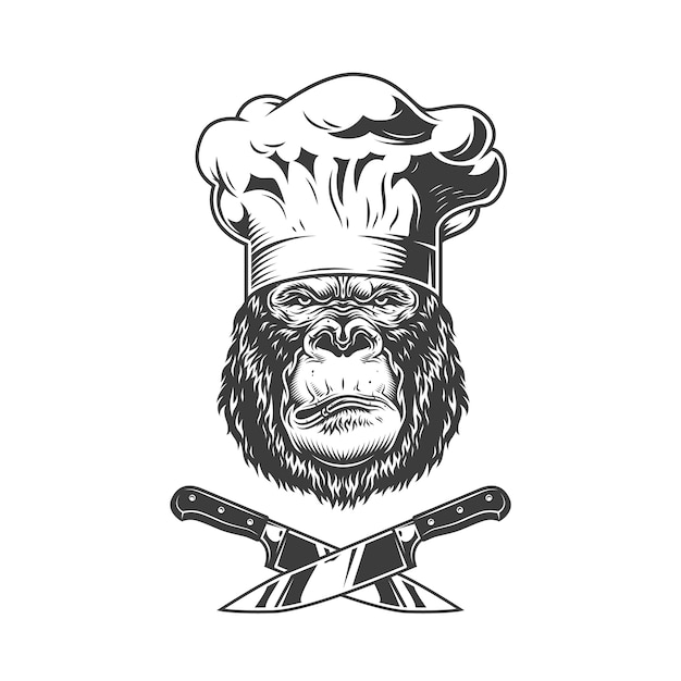 Серьезная голова гориллы в шляпе шеф-повара