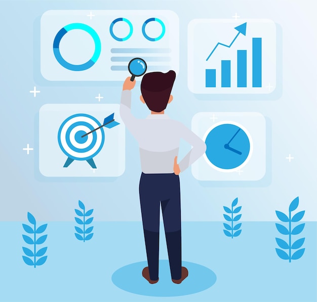 Free vector serious, hardworking employee standing on the middle side , facing backward, holding a magnifying glass illustration, marketing strategy with graphs and symbols. leadership